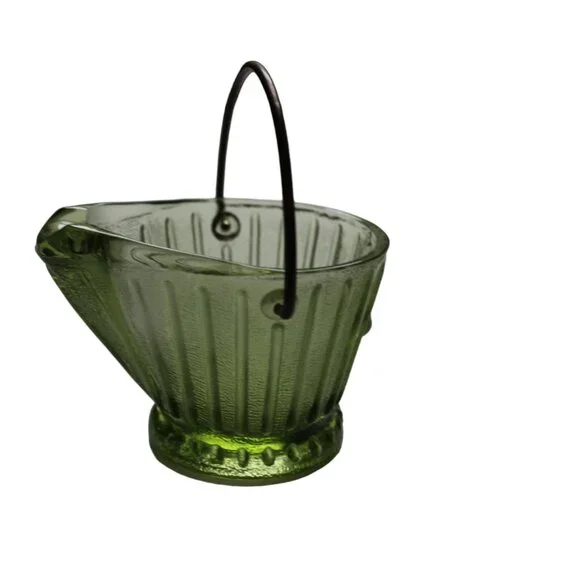 VTG Hazel Atlas Green Glass Miniature Coal Bucket Toothpick Holder Ashtray - Picture 7 of 10
